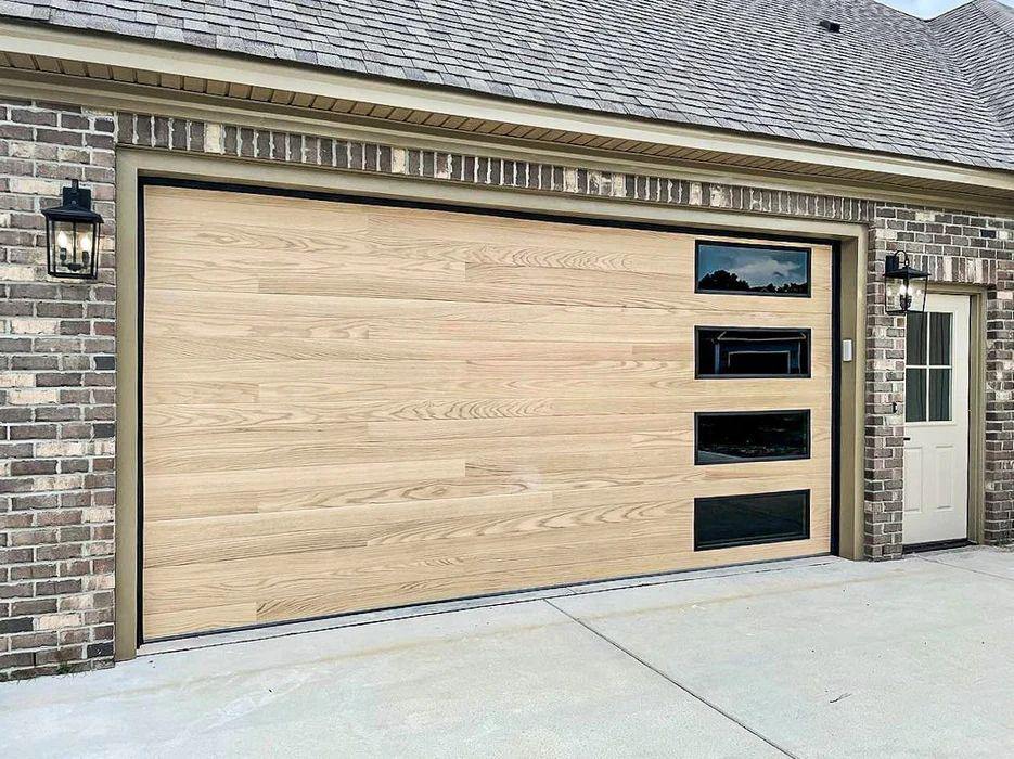 Premium modern timber-look garage door with window inserts