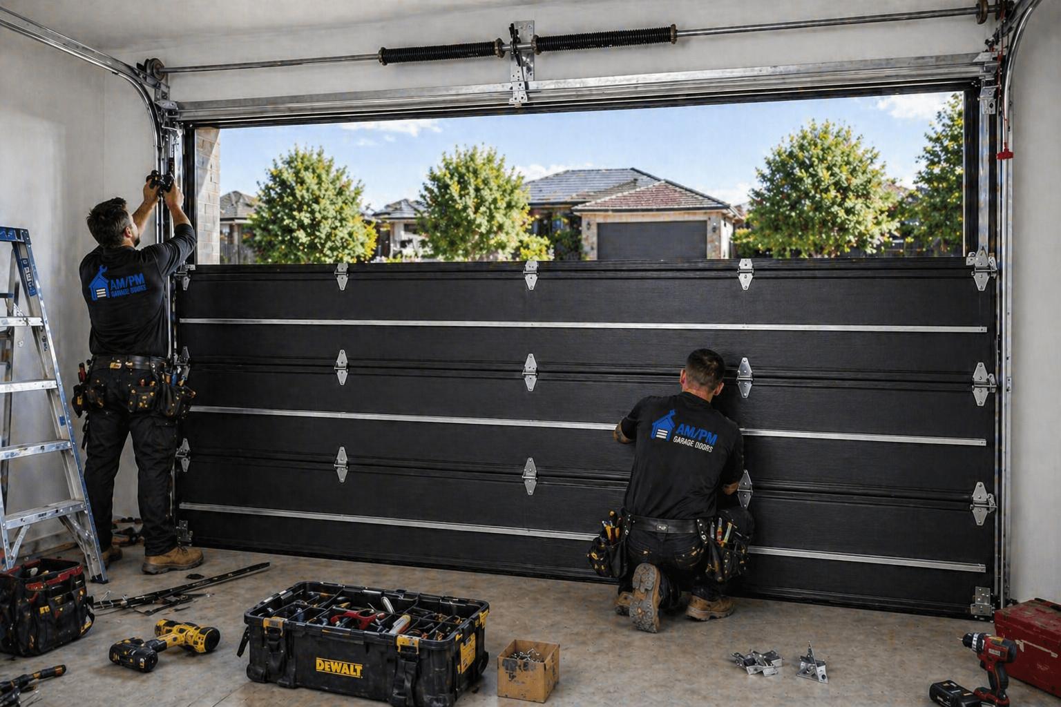 AM/PM Garage Door technicians installing a new garage door